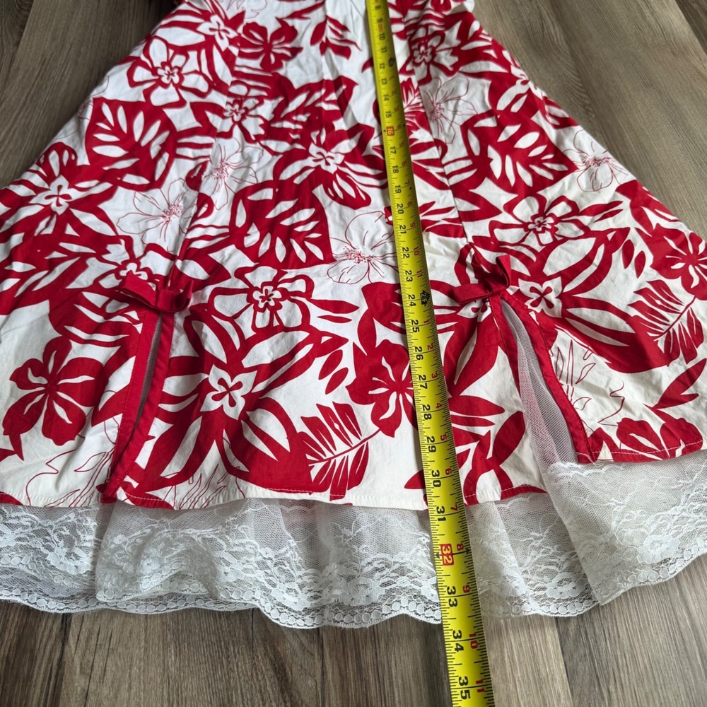 Vintage Byer California IZ Red White Tropical Floral Strapless Lace Trim Dress 9 - Picture 5 of 8